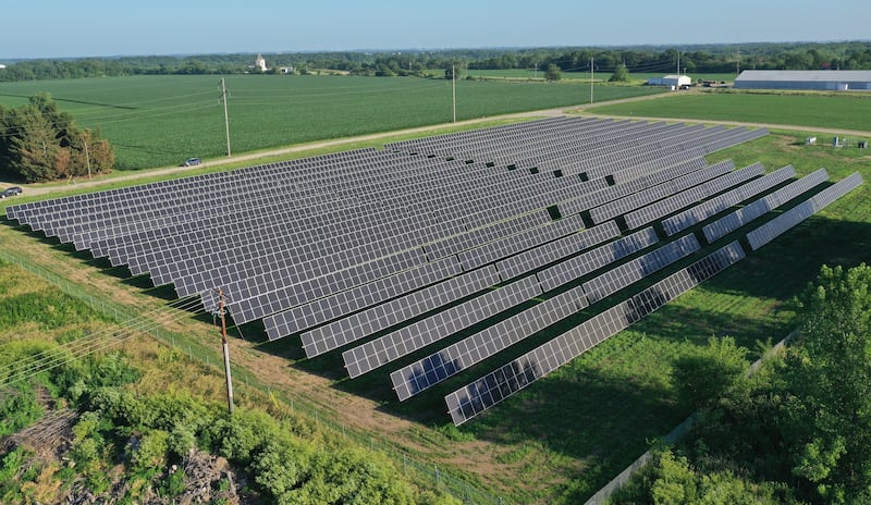 An aerial view of the 1 Megawatt generating solar farm on Monday, June 23, 2025 at the intersection of Peggy Land and Epperson Road in Princeton.