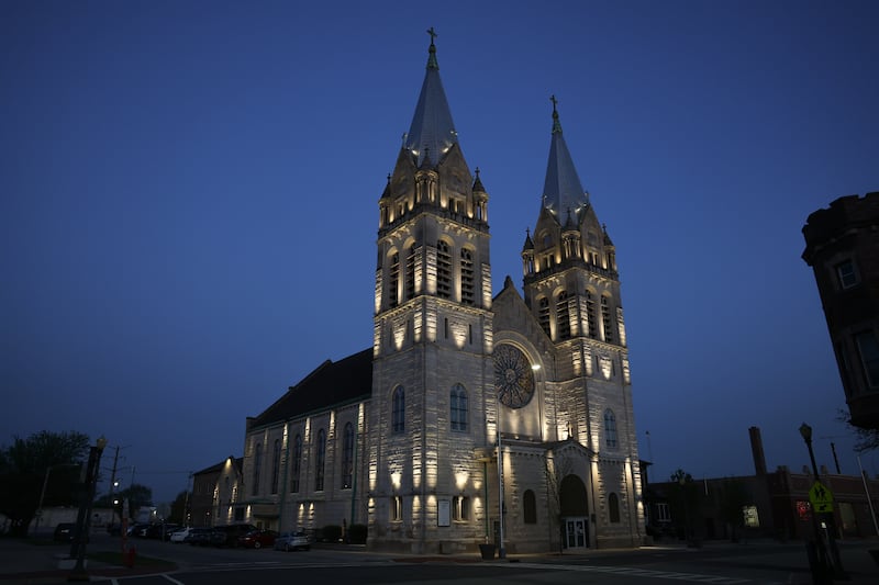 St. Joseph Catholic Church, in downtown Joliet, is illuminated with new lights on Wednesday, April 22, 2026.