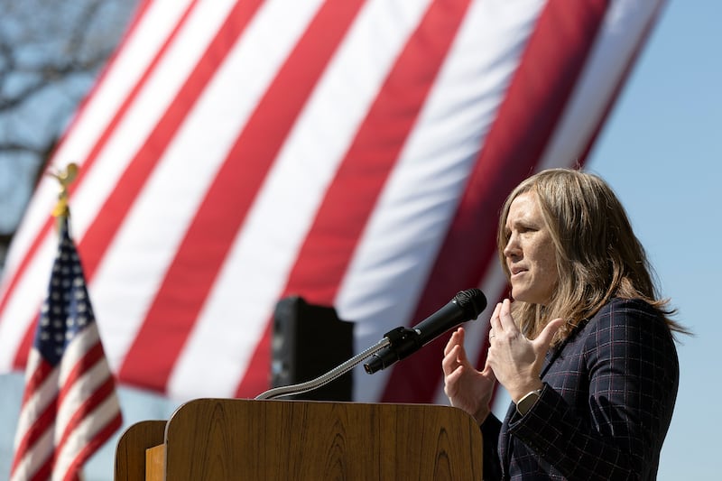 Illinois Department of Transportation Secretary Gia Biagi speaks Tuesday, April 8, 2025, to celebrate the start of Project Rock in Dixon. The project is building a pedestrian bridge over the Rock River and adding paths and improvements to Page Park.