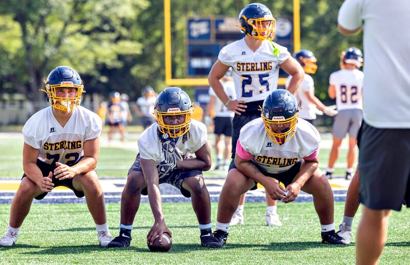Sterling’s offensive line runs through goal line drills Monday, August 11, 2025, for the first day of football practice.