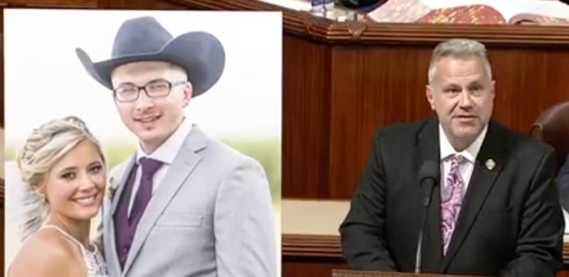 U.S. Rep. Eric Sorensen (right) speaks from the floor of the U.S. House of Representatives on Tuesday, April 8, in support of the Corrections Officer Blake Schwarz Suicide Prevention Act. Schwartz, pictured in the inset photo with his wife, Michelle, died by suicide two years ago.