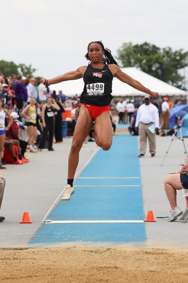 Huntley’s Dominique Johnson competes in long jump during the IHSA Class 3A Girls Track & Field State Finals on Saturday, May 24, 2025.