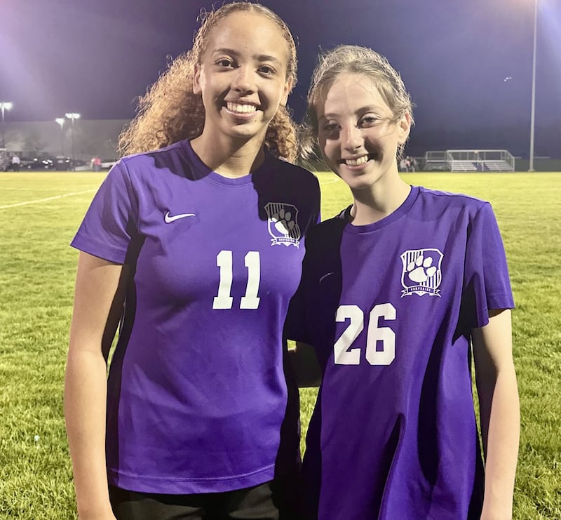 Mikala Amegasse (left) scored two goals, including the game-winner in the 83rd minute, while Langston Kelly (right) added a first-half goal in Hampshire's 3-2 overtime win over Dundee-Crown.