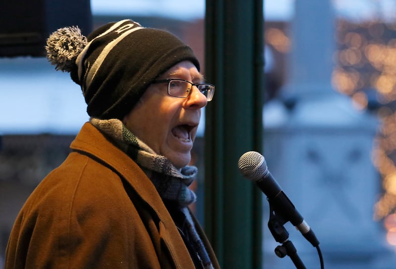 Stephen Tobolowsky who played "Ned Ryerson" in the movie "Groundhog Day" talks about the importance of art magic that brings people together on Sunday, Feb. 2, 2025, during the annual Groundhog Day Prognostication in the Woodstock Square.