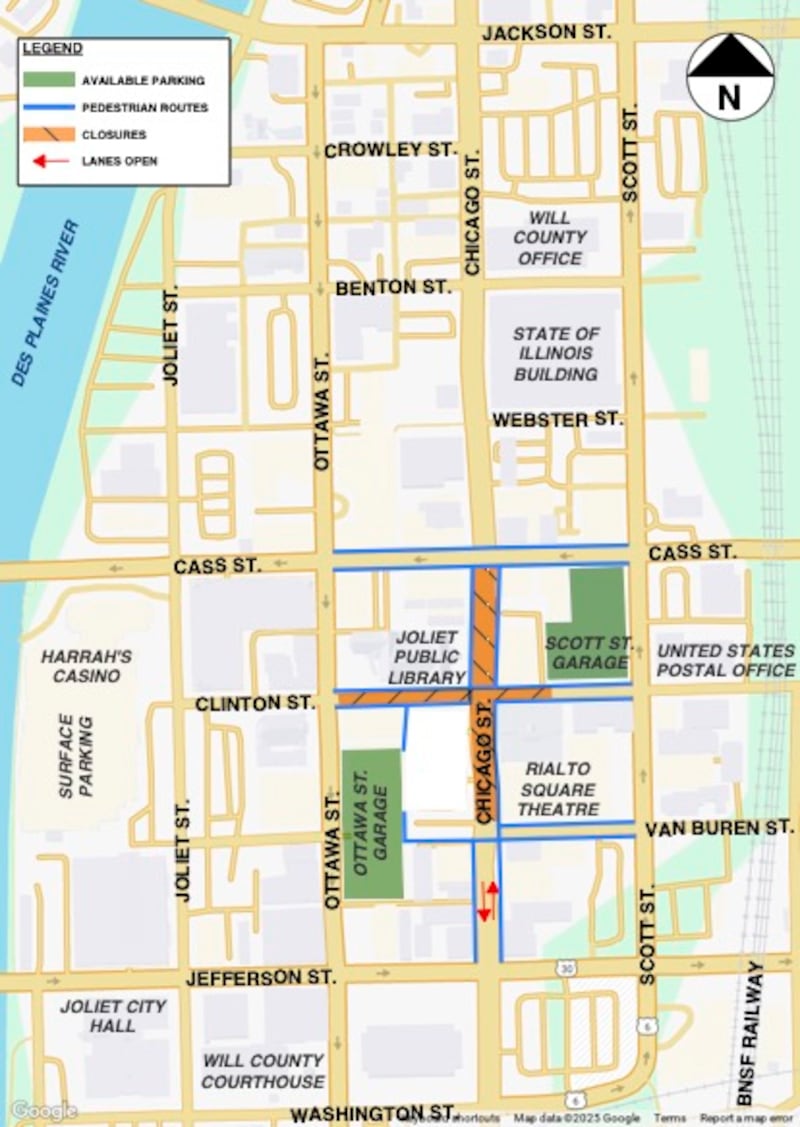 As part of the next phase of construction for the downtown Chicago Street Streetscape project in Joliet, traffic control and safety measures will be changing for approximately two weeks beginning  Monday, June 16, 2025.