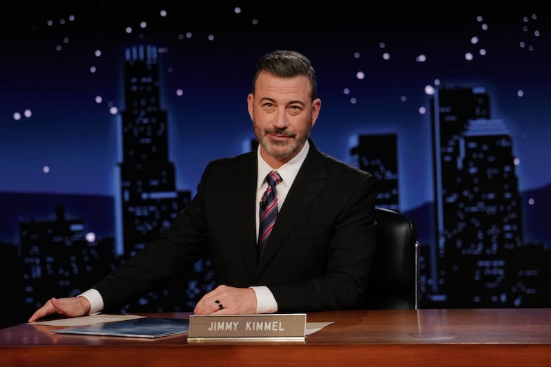 This image released by Disney shows Jimmy Kimmel hosting his late night show "Jimmy Kimmel Live!" in Los Angeles on Tuesday, Sept. 23, 2025. (Randy Holmes/Disney via AP)
