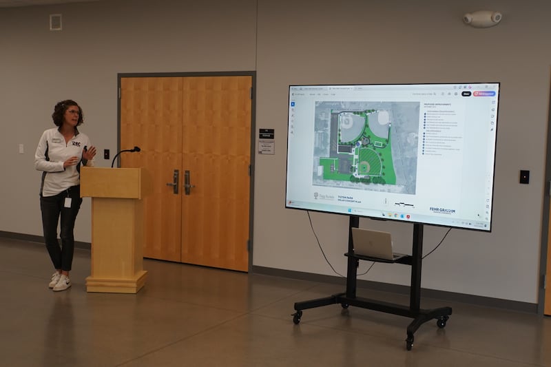 Flagg-Rochelle Community Park District Executive Director Jackee Ohlinger speaks at a public meeting regarding the district applying for an Open Space Lands Acquisition Development (OSLAD) grant for potential improvements at Tilton Park.