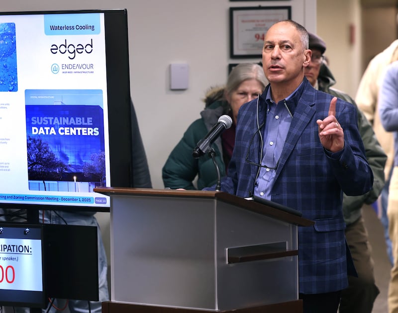 DeKalb developer Jerry Krusinski of ChicagoWest Business Center speaks Monday, Dec. 1, 2025, about the proposed 560-acre Endeavour Energy data center during the Planning and Zoning Commission hearing at the DeKalb Public Library.