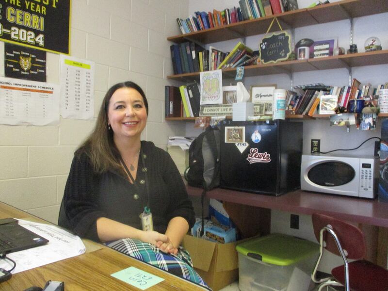 Joliet West High School teacher Kate Cerri at her desk in the classroom where she teaches English and special education. April 10, 2025