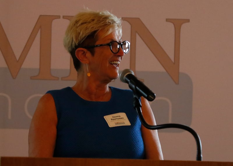 Award recipient Donna Rasmussen speaks during the Northwest Herald's Women of Distinction award luncheon Wednesday June 4, 2025, at Boulder Ridge Country Club, in Lake in the Hills. The luncheon recognized ten women in the community as Women of Distinction.