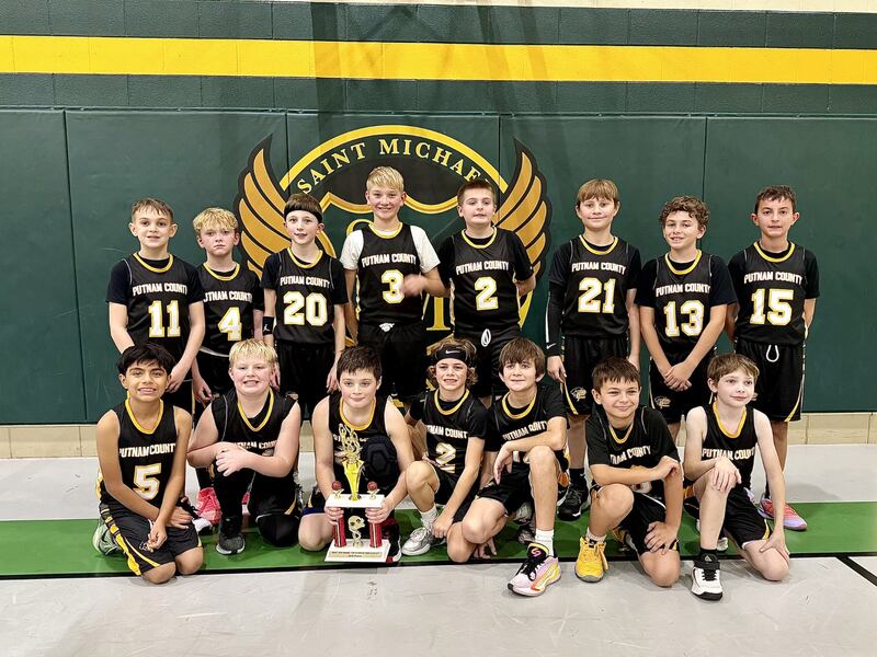 The Putnam County Pumas fifth grade basketball team finished second at the Joe Kudrick Tournament at Streator St. Michael's which ran Dec. 4-6. The Pumas beat the Academy of St. Carlo Acutis 27-4 and Dwight 17-14 before falling to Cornell 40-29 in Saturday's championship game. Team members are (front row, from left) Pedro Cano, Bryce Burris, Jason Macklin, Huck Frund, Jack Gabrielse, Caleb Jagg and Caleb Moriarty; and (back row) Ike Heckman, Kenneth Mertel, Beckett Kays, Brock Newsome, Stephen Beattie, Kellen Spradling, Ben Harvey and Kael Weddell.