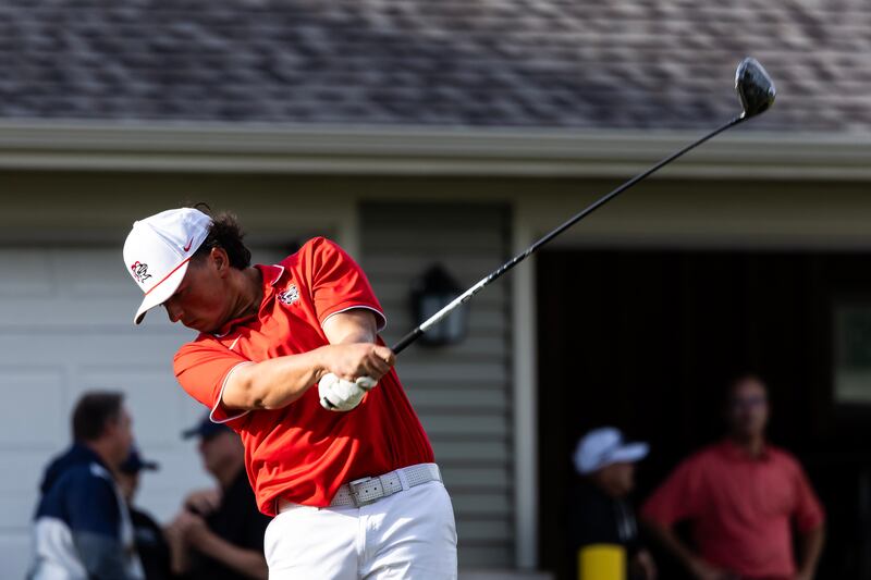 Lincoln-Way Central’s Matthew Preski tees off at the first hole during the IHSA Boys’ Class 3A Sectional at Wedgewood Golf Course in Plainfield on Oct. 6, 2025.