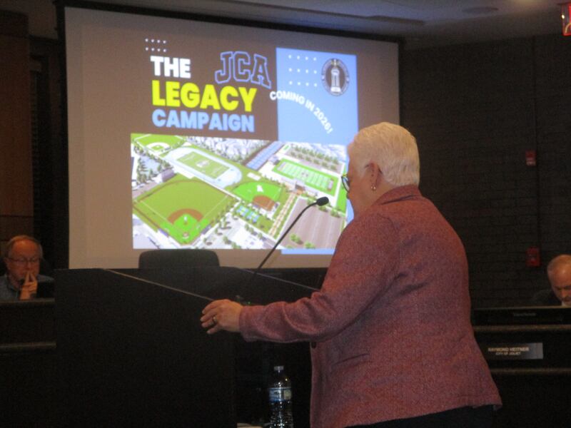 Sister Jeanne Bessette, president of the Joliet-based Sisters of St. Francis of Mary Immaculate, speaks in favor of the Joliet Catholic Academy plan for an on-camput football stadium at a meeting of the Joliet Plan Commission. Nov. 20, 2025