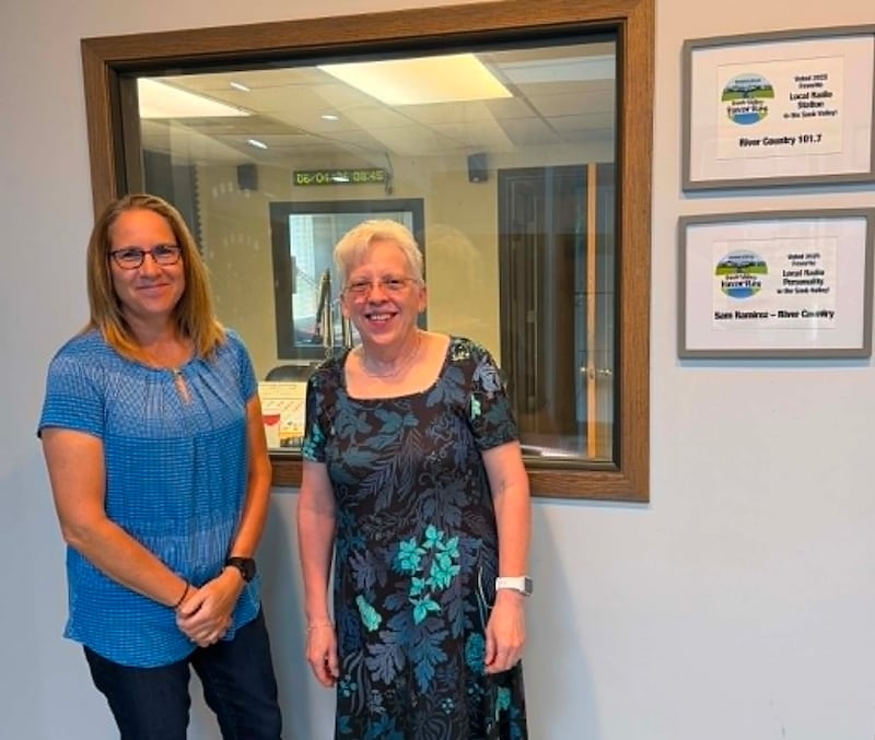 Stacy Seaworth (left) and Kathy Medema (right) from Pegasus Special Riders pose for a picture in the WIXN studio on June 4, 2026, after appearing on Talk Line.