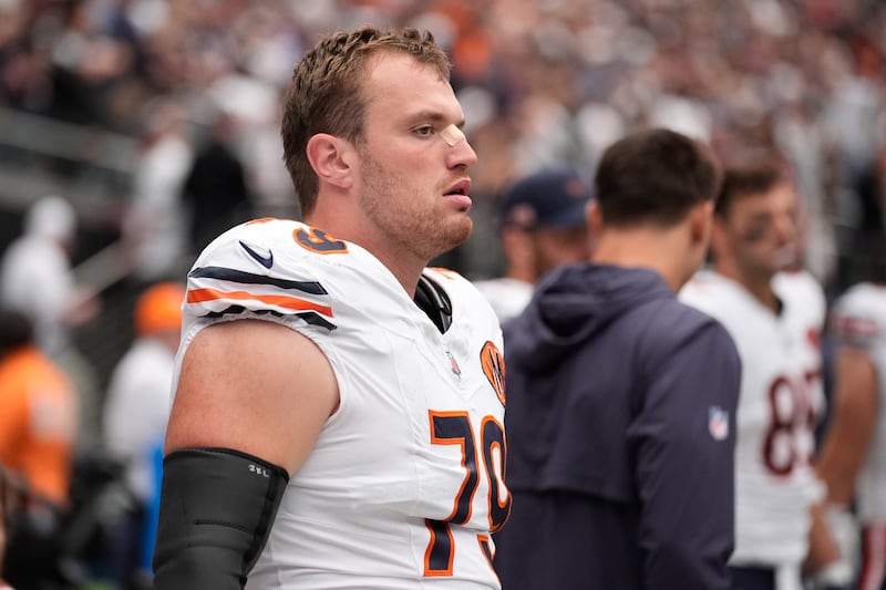 Chicago Bears offensive lineman Theo Benedet (79) before an NFL football game between the Las Vegas Raiders and the Chicago Bears, Sunday, Sept. 28, 2025, in Las Vegas. (AP Photo/John Locher)