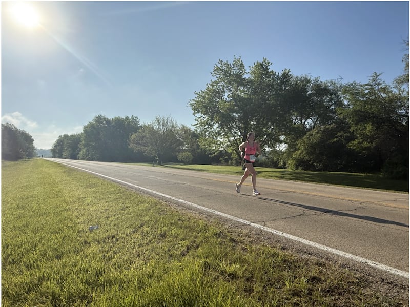 Sydney Watkins makes her way through Starved Rock State Park in La Salle County during the Starved Rock Country Marathon on Saturday, May 9, 2026. Watkins, a Bolingbrook resident, finished second overall and was the top overall female finisher in the 26.2-mile main event with a time of 3:16:57.8.