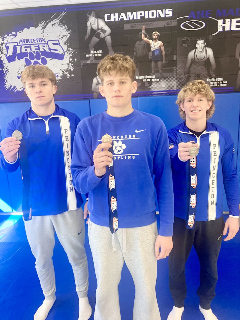 Princeton landed three state medalists for the second time in three years, just the second time in program history. Showing their medals are seniors Casey Etheridge (left) and Augustus Swanson (right) with second-place finishes and sophomore Kane Dauber, who placed fourth. Princeton has had a total of 23 different medalists with a total of 32 medals.