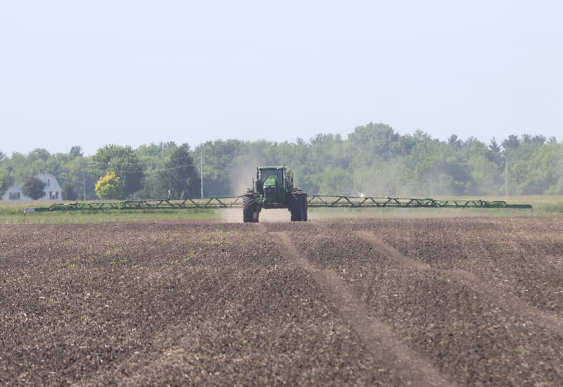 A field sprayer applies an application to a farm field in the 22000 block of 1650 North Avenue on Wednesday, May 27, 2026 in Princeton.