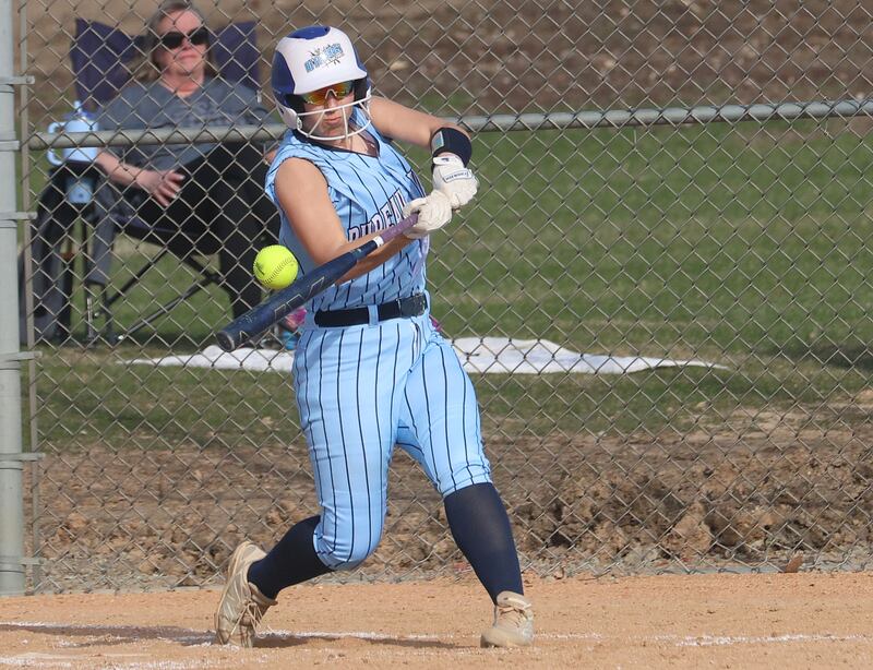 Bureau Valley's Emily Wright gets a hit against Newman on Monday, March 30, 2026 at Bureau Valley High School.
