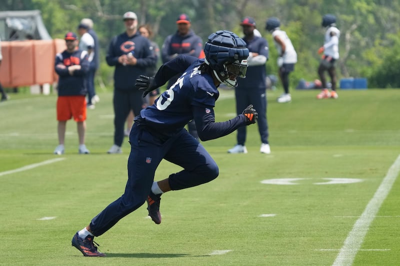 Chicago Bears wide receiver Rome Odunze works on the field during NFL football practice at Halas Hall in Lake Forest, Ill., Thursday, June 5, 2025. (AP Photo/Nam Y. Huh)