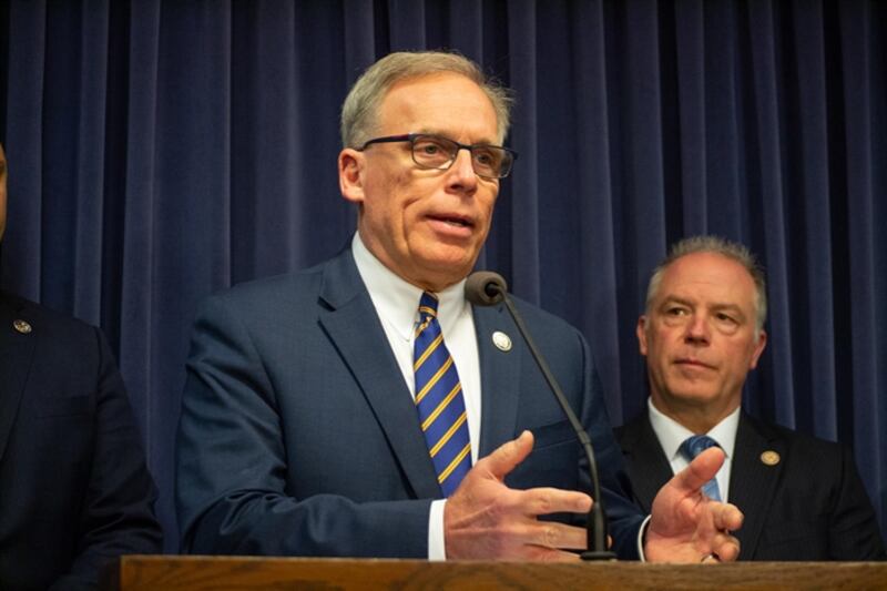 State Sen. Dave Syverson, R-Cherry Valley, speaks at a news conference Thursday at the Illinois State Capitol.