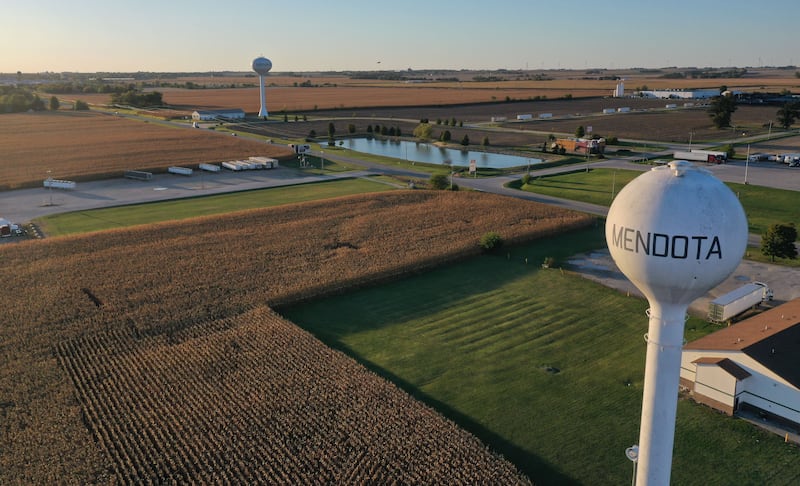 An aerial view of the Mendota water tower looking west at the intersection of Interstate 39 and U.S. Route 34 on Wednesday, Oct. 8, 2025 in Mendota.