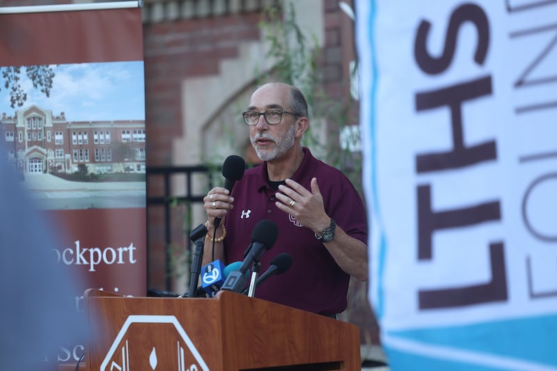 Lockport Township High School District 205 Superintendent Dr. Robert McBride speaks at the reopening celebration of the Lockport High School Central Campus on Friday, Aug. 16, 2024.