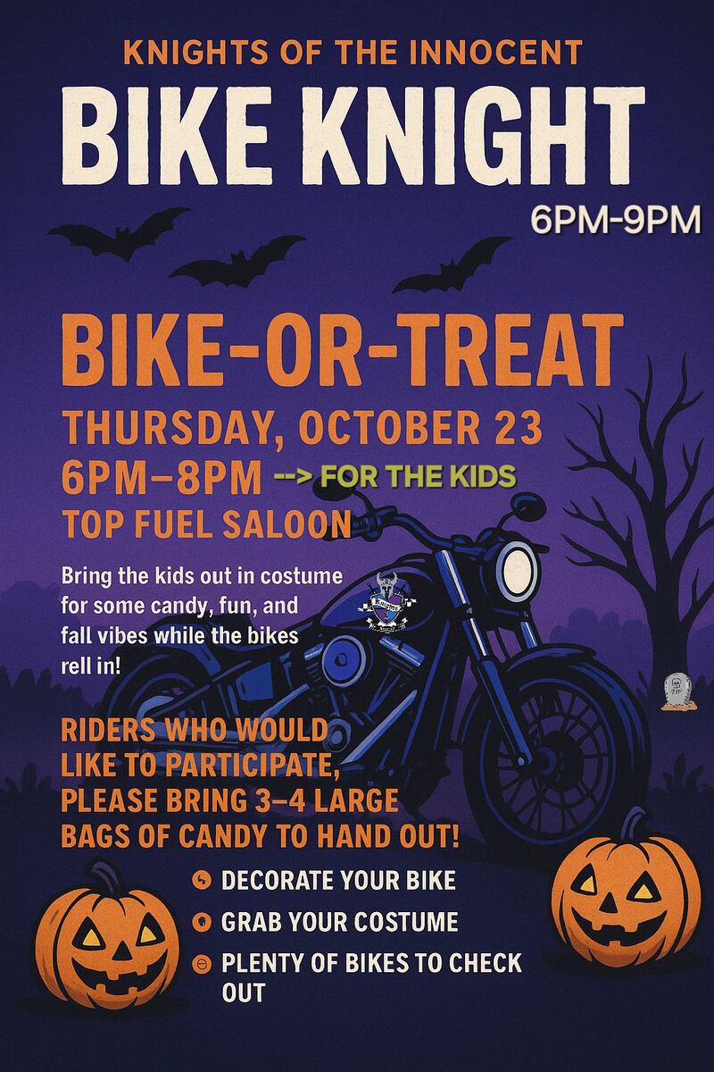 The flyer for Knights of the Innocent's Bike-or-Treat on Thursday, Oct. 23, 2025.