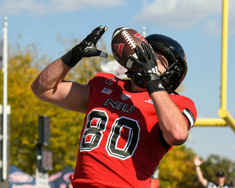 Northern Illinois University's tight end Jake Appleget (80) celebrates after scoring a touchdown during the game on Saturday Oct. 4, 2025, while taking on Miami of Ohio held at Huskie Stadium in DeKalb.