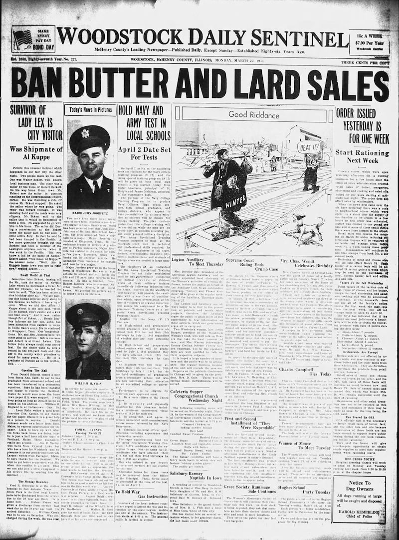 The cover of the Woodstock Daily Sentinel for March 22, 1943