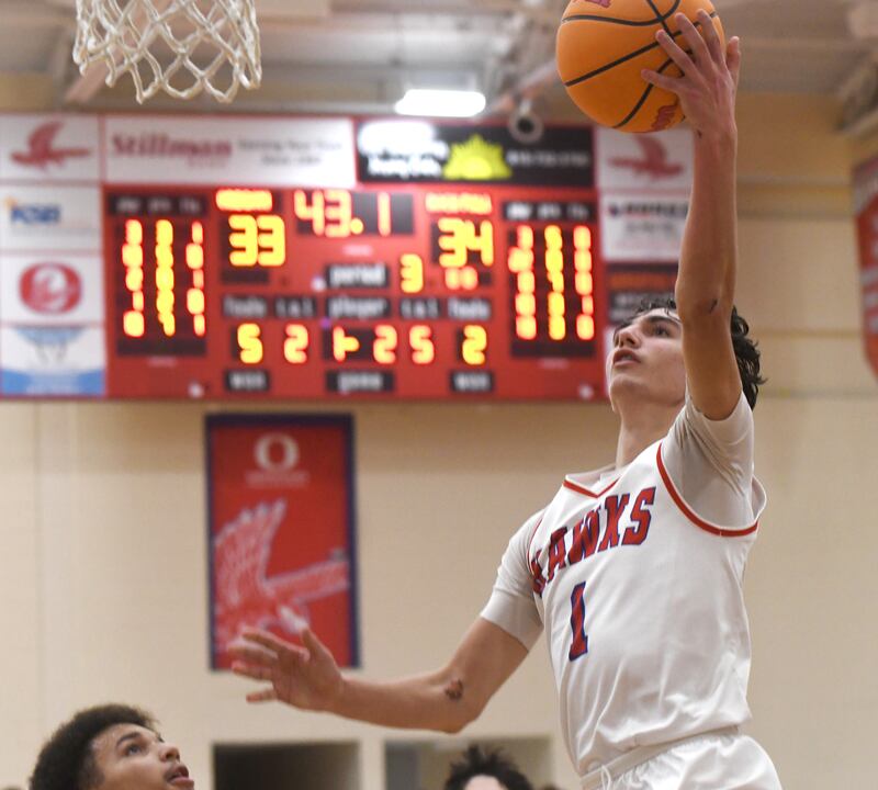 Oregon's Benny Olalde (1) shoots against Rock Falls on Friday, Jan. 9, 2026 at the Blackhawk Center in Oregon.