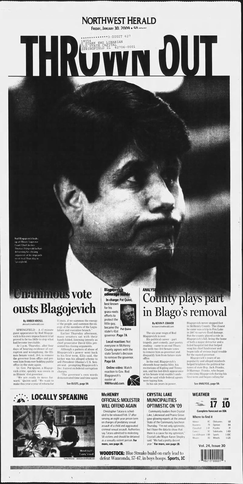 The cover of the Northwest Herald for Jan. 30, 2009