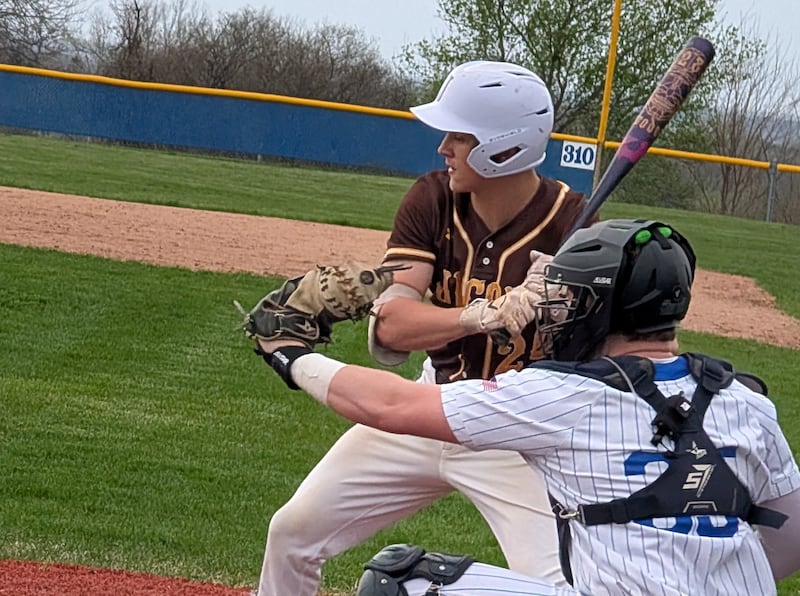 Jacobs' Andrew Deegan gets hit by a pitch for the fifth time during the Golden Eagles' Fox Valley Conference baseball game against Burlington Central on Friday, April 17, 2026, in Burlington.
