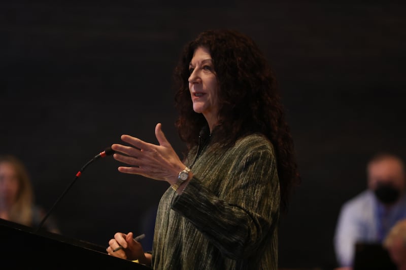 Lawyer Carla Alessio-Policandriotes speaks to the Joliet zoning board members. The Alessio family seeks approval for a cannabis cultivation facility next to a Sugar Creek subdivision. Thursday, April 21, 2022, in Joliet.