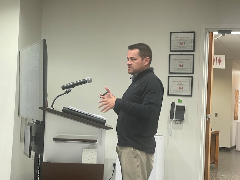 James Hus of DVG Team briefs the DeKalb Planning and Zoning Commission Monday, Oct. 6, 2025, about plans for a new Amoco gas station in town.