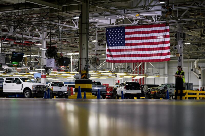 An American Flag at the Ford Motor Company Kentucky Truck Plant is seen during a media tour for the launch of the 2025 Ford Expedition in Louisville, Ky., April 30, 2025. (AP Photo/Carolyn Kaster, File)