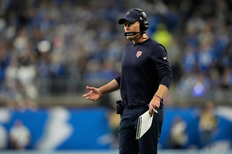 Chicago Bears head coach Ben Johnson reacts during the first half of an NFL football game against the Detroit Lions Sunday, Sept. 14, 2025, in Detroit. (AP Photo/Ryan Sun)