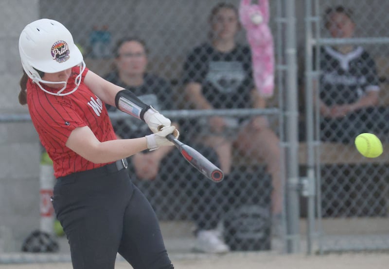 Henry-Senachwine's Addison Robbins gets a hit against Woodland on Tuesday, May 12, 2026 at Woodland High School.