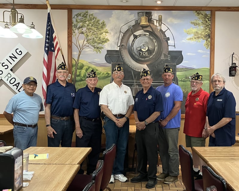 A meeting of American Legion Post 403 was held at the Petro Truck Stop on June 10. A presentation was made on the history of the 70th Tank Battalion on D-Day Normandy, 1944. From left to right is Jose Huerta (junior vice commander), Eric Welles (finance officer), Gary Tarvestad (sergeant at arms), Steve Korth (adjutant), Chuck Roberts (commander and speaker), Russ Henson (senior vice commander), Paul Bearrows (chaplain) and John Gruben (youth activities officer).
