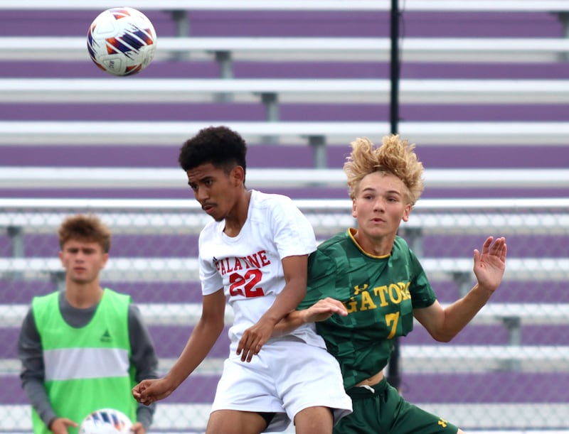 Crystal Lake South’s Dustin Banner, right, battles Palatine’s Brandon Tornez in varsity boys soccer at Ray Porten Field on the campus of Wauconda High School in Wauconda on Wednesday, Sept. 3, 2025.