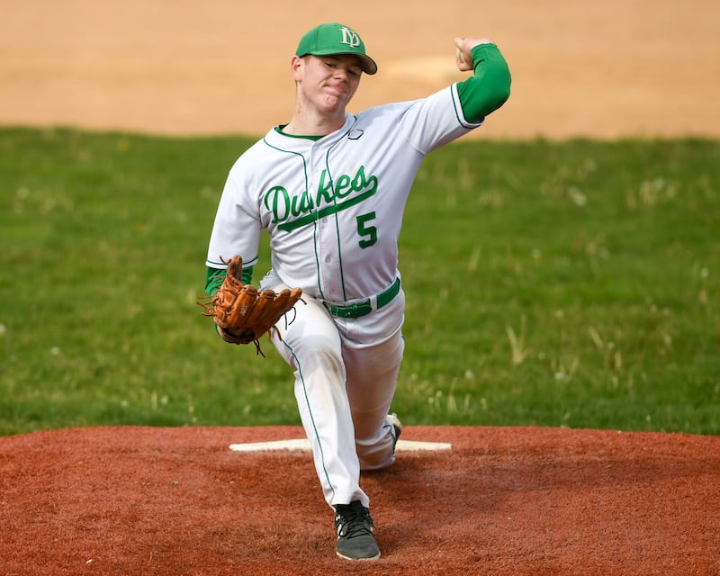 York's Jack Bodach (5) pitches during the game on Monday May 19, 2025, while taking on Downers Grove North held at York High School in Elmhurst.