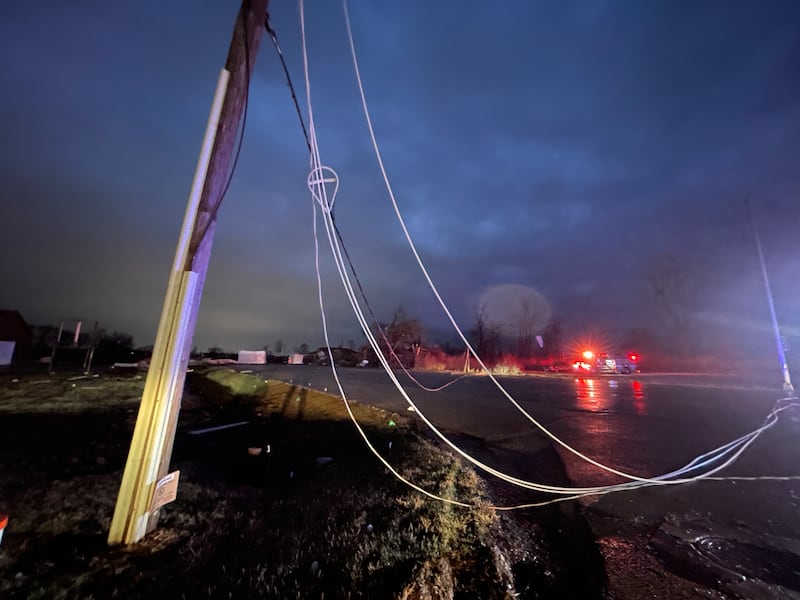 Route 45 in Kankakee is closed at Industrial Drive on Tuesday, March 10 due to heavy debris on the road and downed power lines after storms went through Kankakee County.