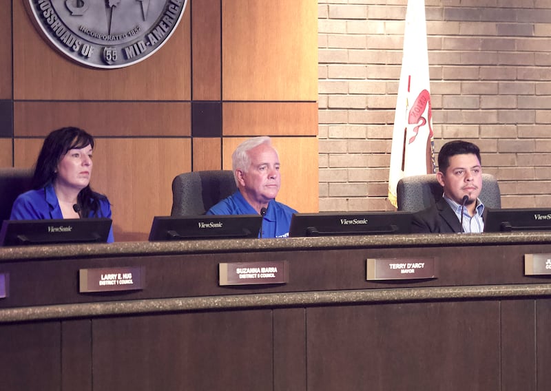 Joliet City Council member Suzanna Ibarra (left), Joliet Mayor Terry D'Arcy and Joliet City Council member Juan Moreno at a special meeting on Friday, June 20, 2025 at Joliet City Hall.