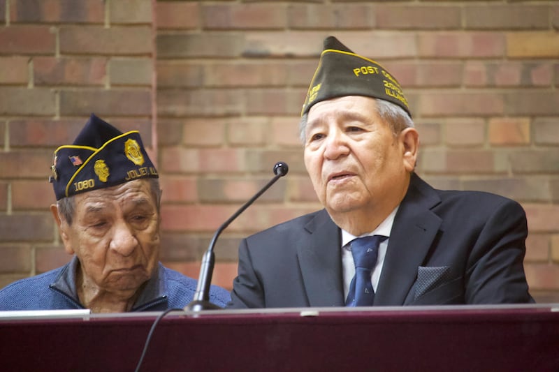 Joe Belman (left), a World War II veteran, and Tony Arellano (right), a Vietnam War veteran, on Saturday, May 24, 2025, at the Joliet Jewish Congregation in Joliet.