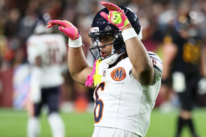 Chicago Bears cornerback Kyler Gordon (6) celebrates during an NFL football game against the Washington Commanders, Monday, Oct. 13, 2025, in Landover, Md. (AP Photo/Daniel Kucin Jr.)