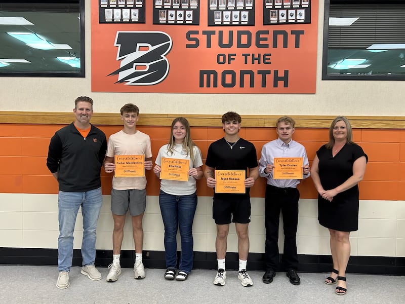 Byron High School Students of the Month for May were recently named. Pictured from left to right are Byron High School Principal Andrew Donaldson, Parker Glendenning (ninth grade), Ella Pifer (10th grade), Jayce Keesee (11th grade), Tyler Druien (12th grade) and Stillman Bank Retail Office Manager Renae Stevens. Each student received a gift card for their achievement.