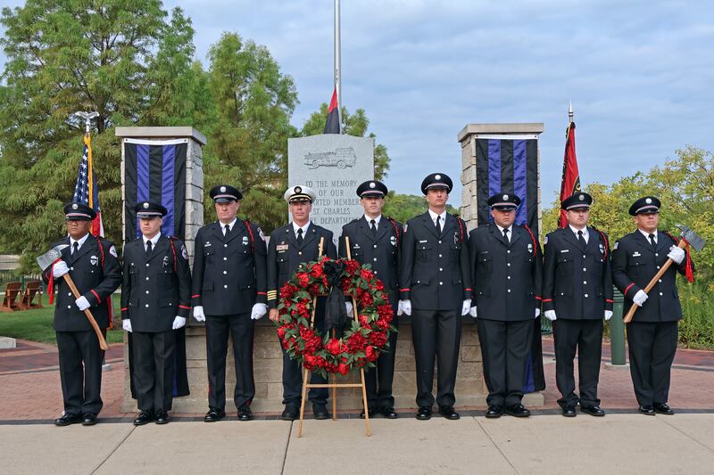 The St. Charles Fire Department Honor Guard at the Memorial Monument in downtown St. Charles  during the annual 9/11 Remembrance Ceremony on Sept. 11, 2025.