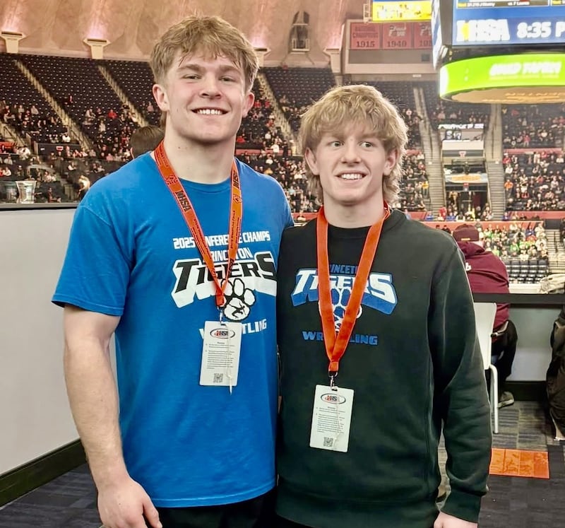 Princeton seniors Casey Etheridge (left) and Augustus Swanson will both wrestle for IHSA State championships in Champaign, both winning their semifinal matches Friday night at the State Farm Center.