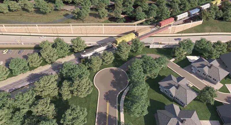 A rendering shows what a train overpass will look like that will separate train traffic from vehicles along Route 14 in Barrington.