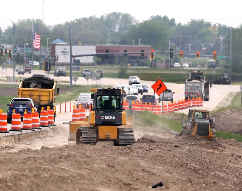Traffic makes its way through the roadwork cones on Peace Road heading into Sycamore Thursday, May 15, 2025, as construction continues on the section between Route 64 and Freed Road.